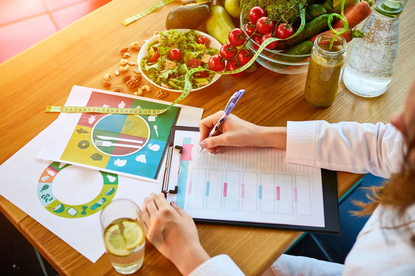 Woman dietitian in medical uniform with tape measure working on a diet plan sitting with different healthy food ingredients in the green office on background. Weight loss and right nutrition concept