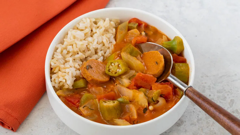 Vegetable gumbo over rice