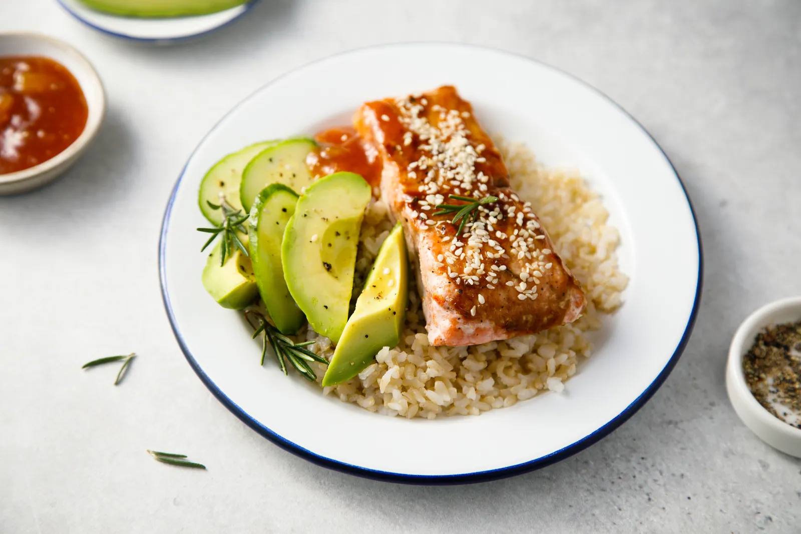Teriyaki salmon with avocado and rice