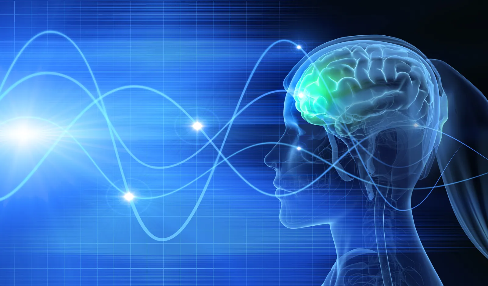 Illustration of a human head and brain with energy waves