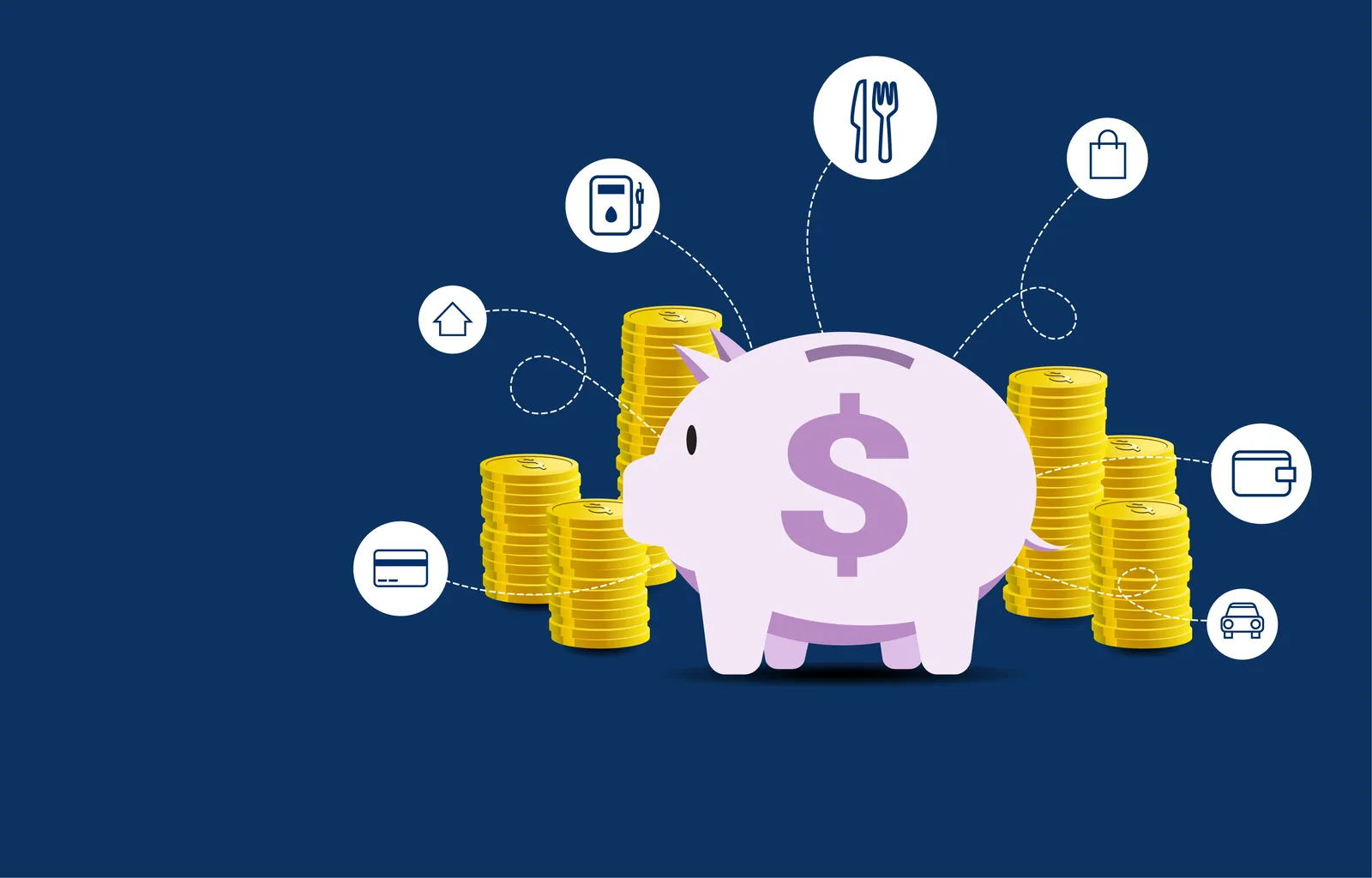 Piggy bank illustration with stacks of coins