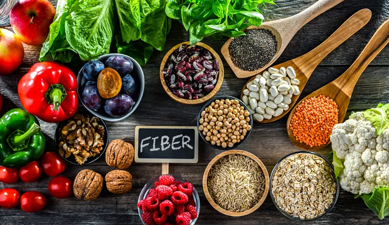 High-fiber foods including beans, grains, fruits and vegetables