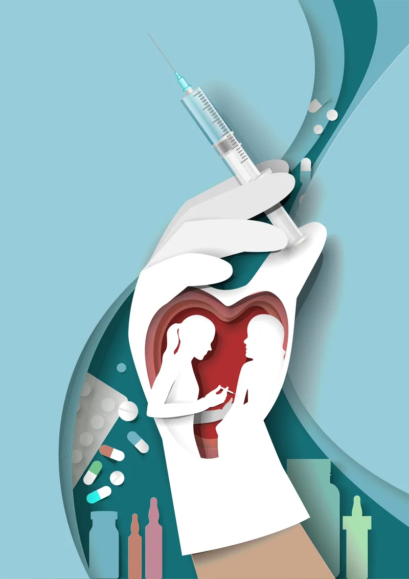 Illustration of a gloved hand holding a vaccine syringe