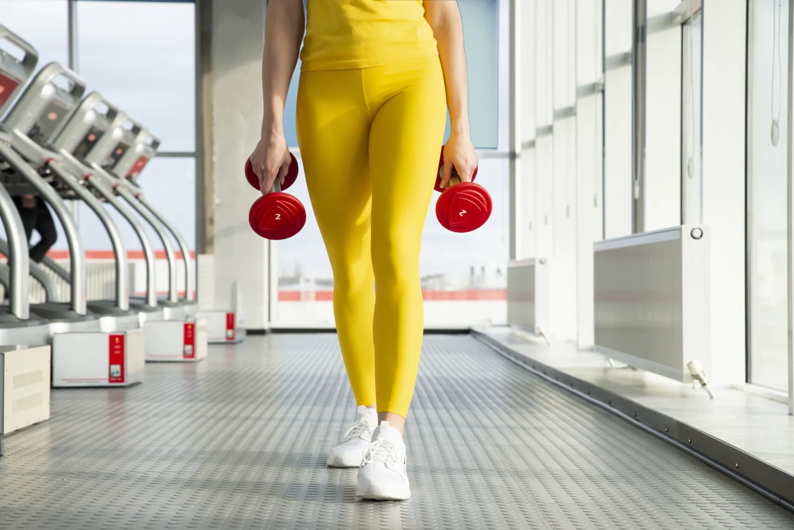 Physically fit woman at the gym with dumbbells ready to strengthen her arms and biceps