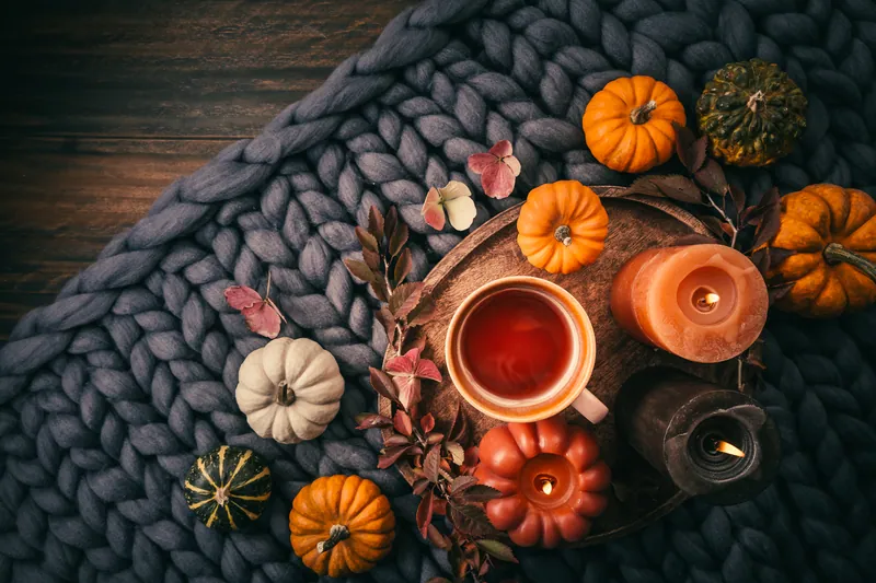 A cup of tea surrounded by small pumpkins and autumn leaves