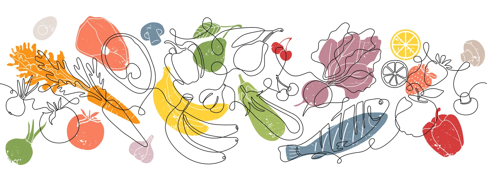 Line drawing of fruits, vegetables and fish