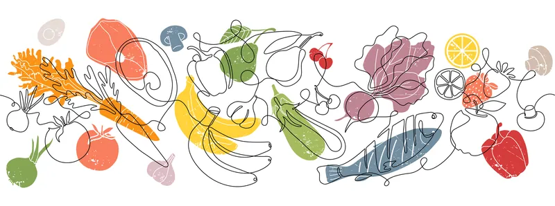 Line drawing of fruits, vegetables and fish